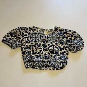 Rachel Zoe Linen blend cropped floral blue ivory top M